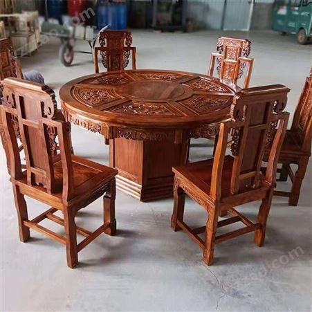 新中式实木圆形餐桌椅组合 家用商用餐桌带转盘